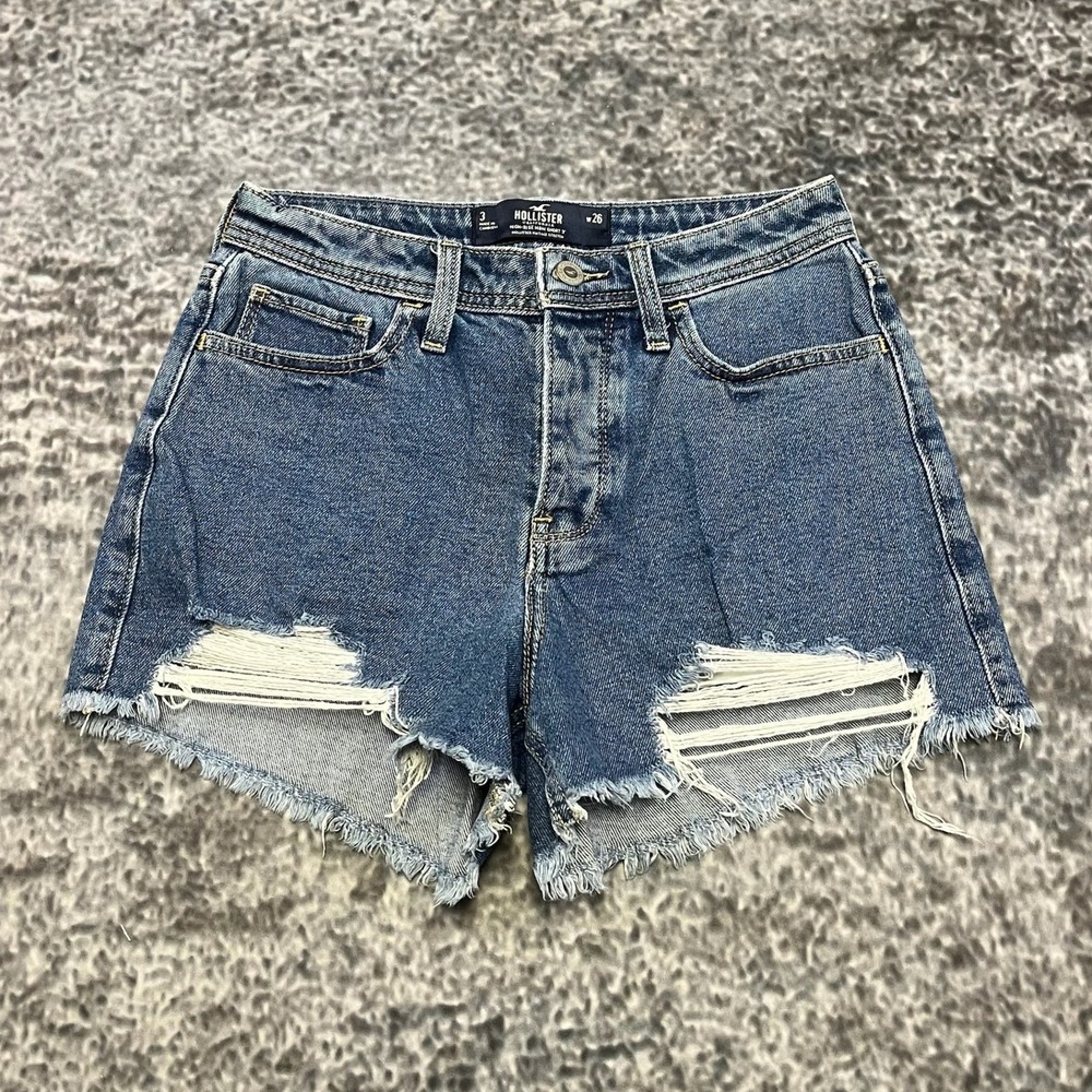 Hollister High Rise Mom Shorts Denim Womens 3 (26" Waist) Blue Mini Summer Beach